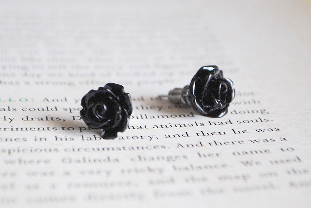 Black Rose Earrings, Nickel Free Studs - Dead Flowers