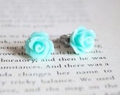 Turquoise Rose Earrings, Nickel Free Studs - Mint Green Flowers