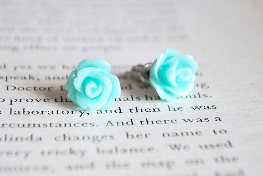 Turquoise Rose Earrings, Nickel Free Studs - Mint Green Flowers