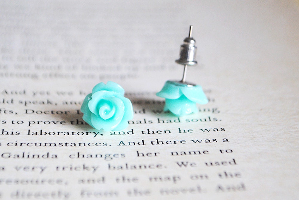 Turquoise Rose Earrings, Nickel Free Studs - Mint Green Flowers