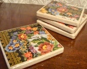 set of 4 ceramic tile coasters - stitched floral