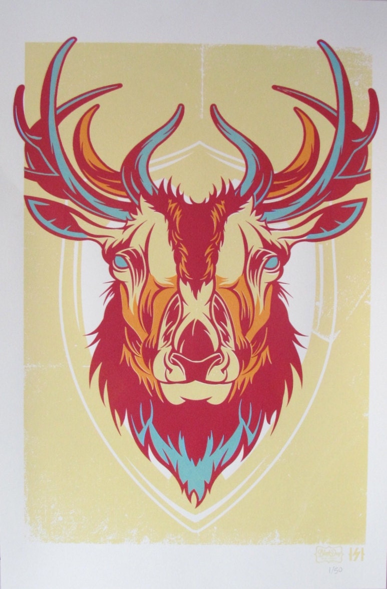 Elk Plaque Hand Screen Print Poster FREE SHIPPING