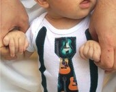 Black and White Blue anad Teal Guitar Little Man Onesie Tie with suspenders and   One Z Onsie Newborn , 0 / 3months, 3 / 6 months , 6 / 9 months , 12 months , 18 months