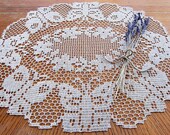 Large Oval Hand Crocheted Vintage Lace Off White Doily - BUTTERFLIES & FLOWERS