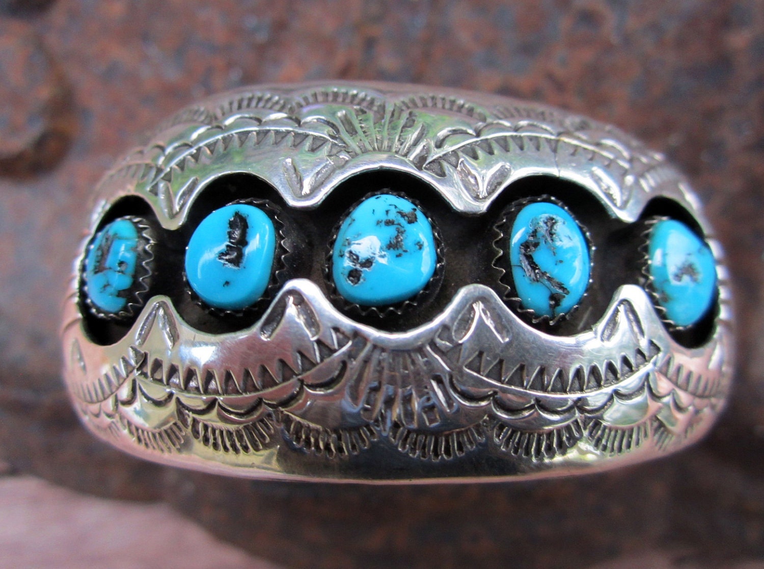 Signed Navajo Turquoise & Silver Shadowbox Cuff Bracelet - P. Benally - Native American
