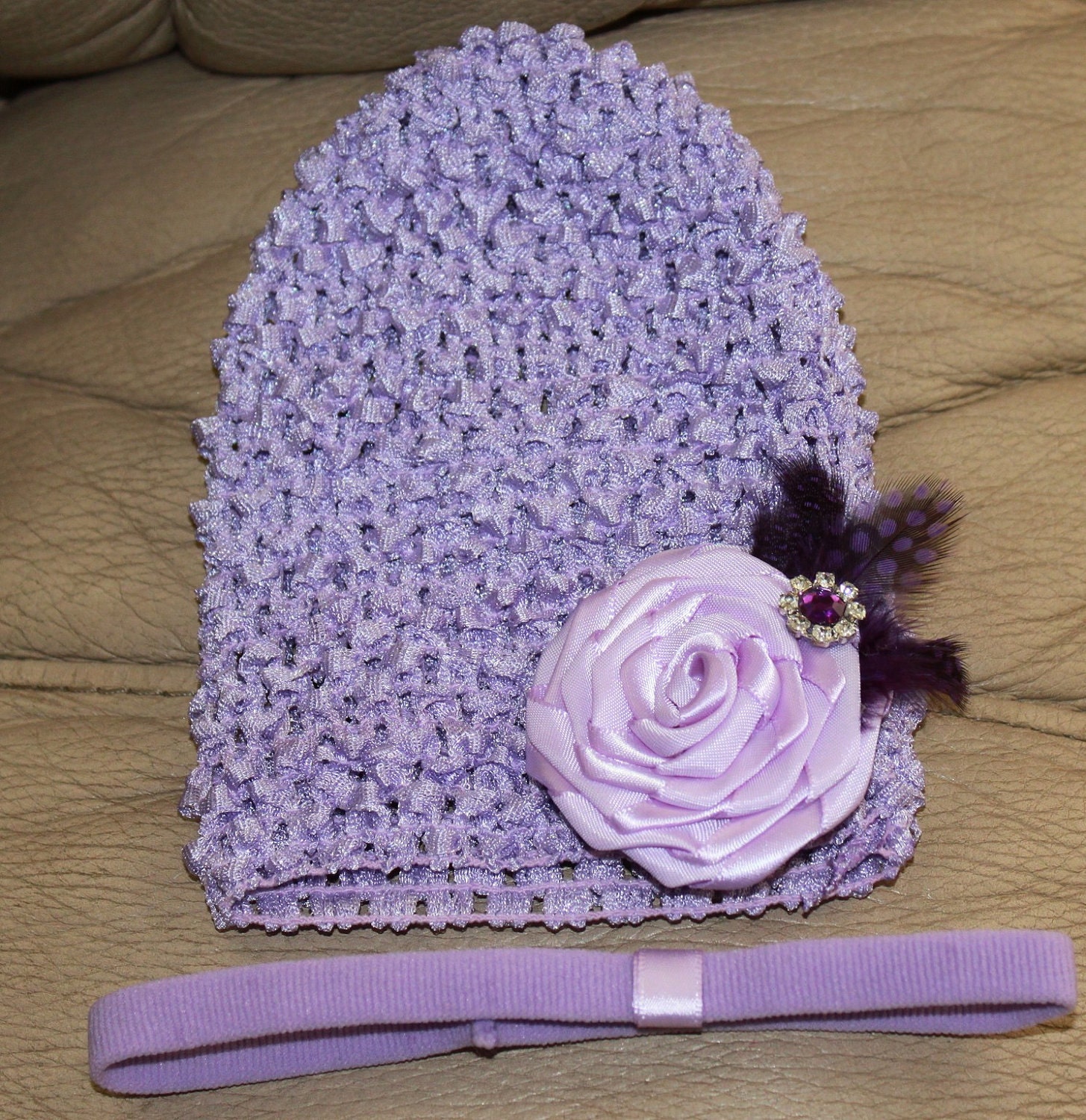 Newborn Baby Girl Boutique Small Lavender Waffle Beanie Hat Set with Flower Clip and Skinny Headband Photo Prop