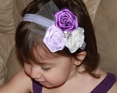 Triple Purple, Lavender and White Boutique Flower Roses with Rhinestone and Tulle on Elastic Headband Photo Prop -Many sizes available