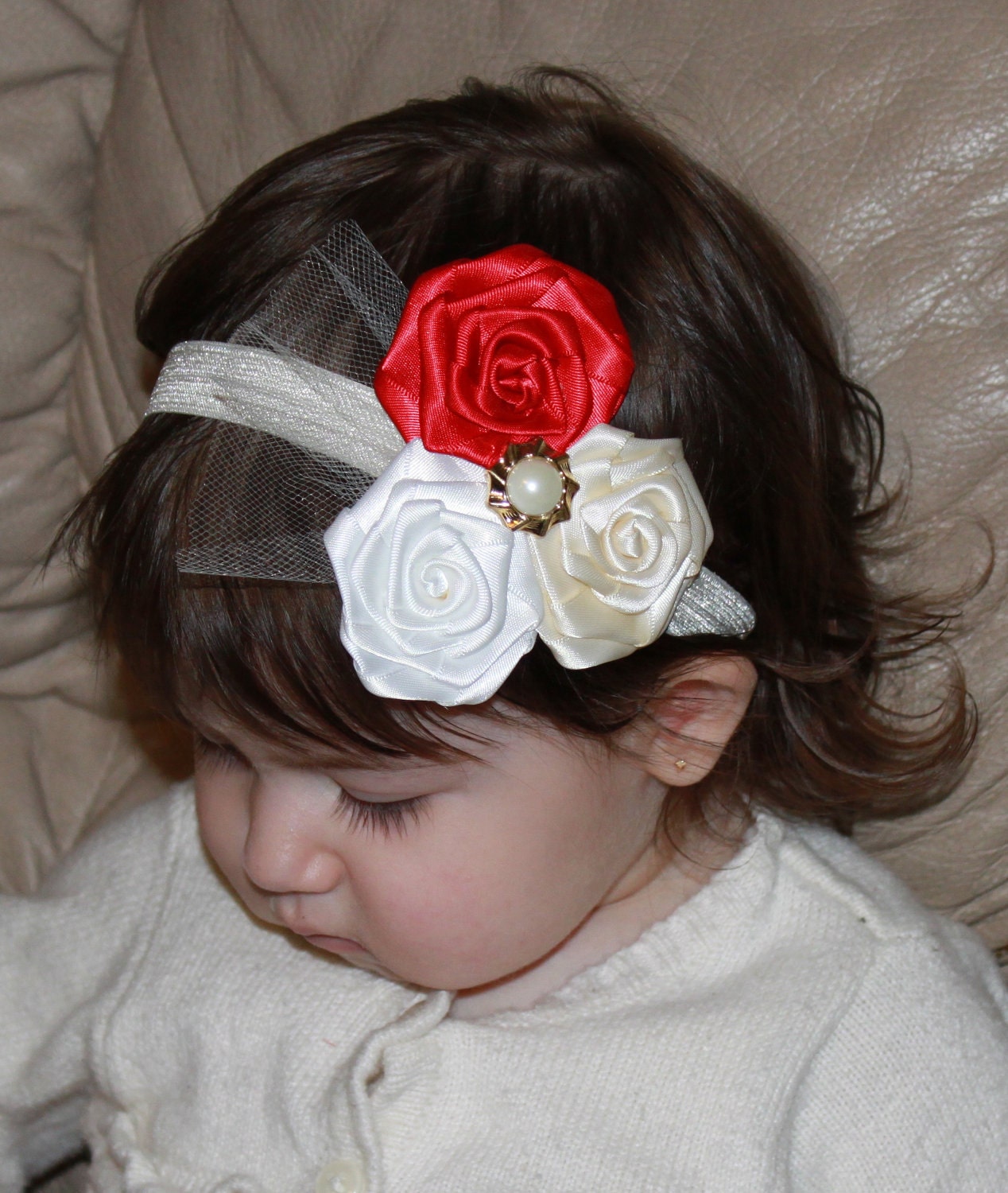 Baby Toddler Girl Boutique Fancy Triple Satin Ribbon Red, White and Ivory Flower Roses with Tulle on Elastic Headband Photo Prop