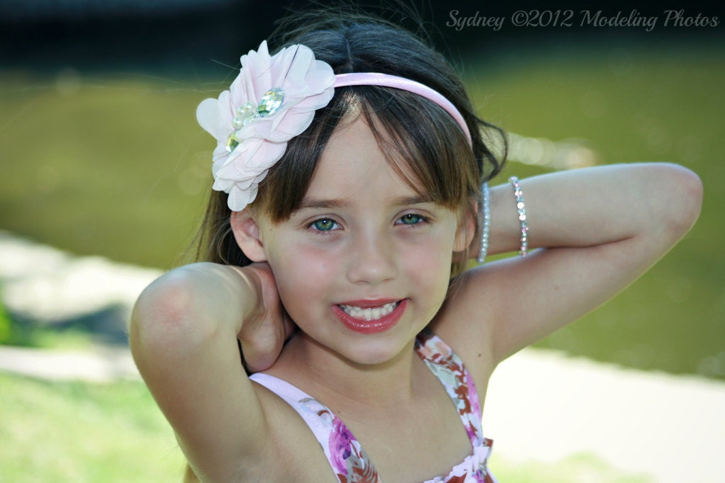 Toddler Adult Boutique Fancy Pale Pink Chiffon Flower with rhinestone and pearl accents on Hard Thin skinny  Headband Photo Prop