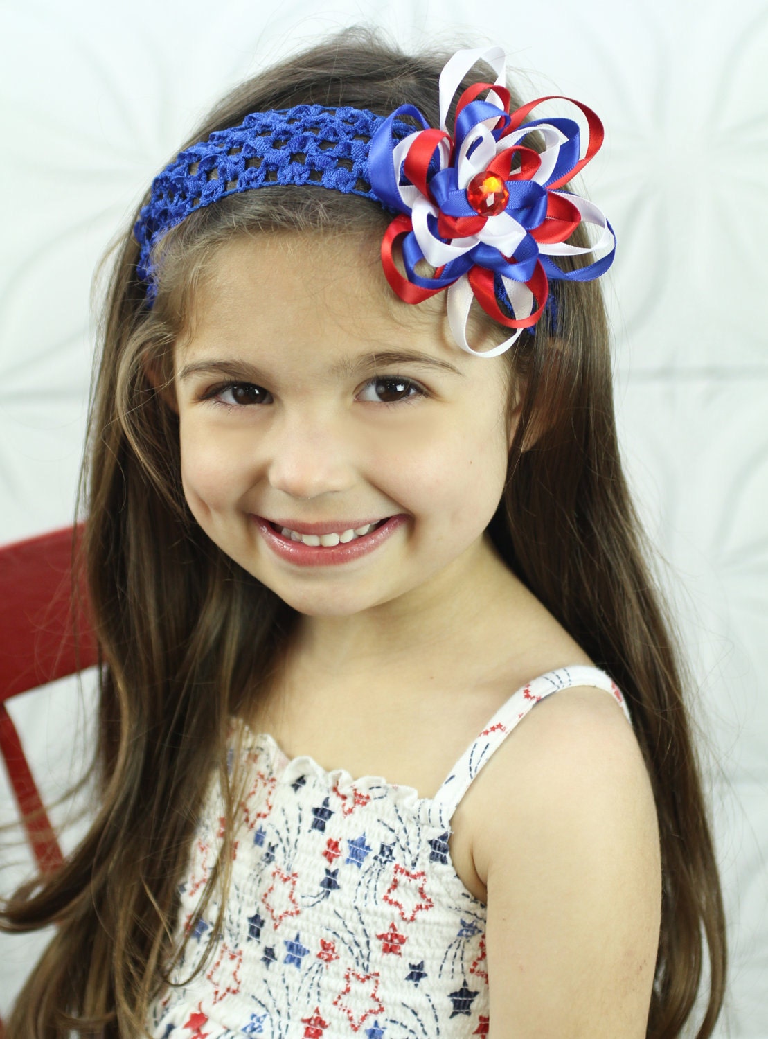 Royal Blue White and Red Patriotic 4th of July Layered 4" Flower Hair Clip Bow Headband