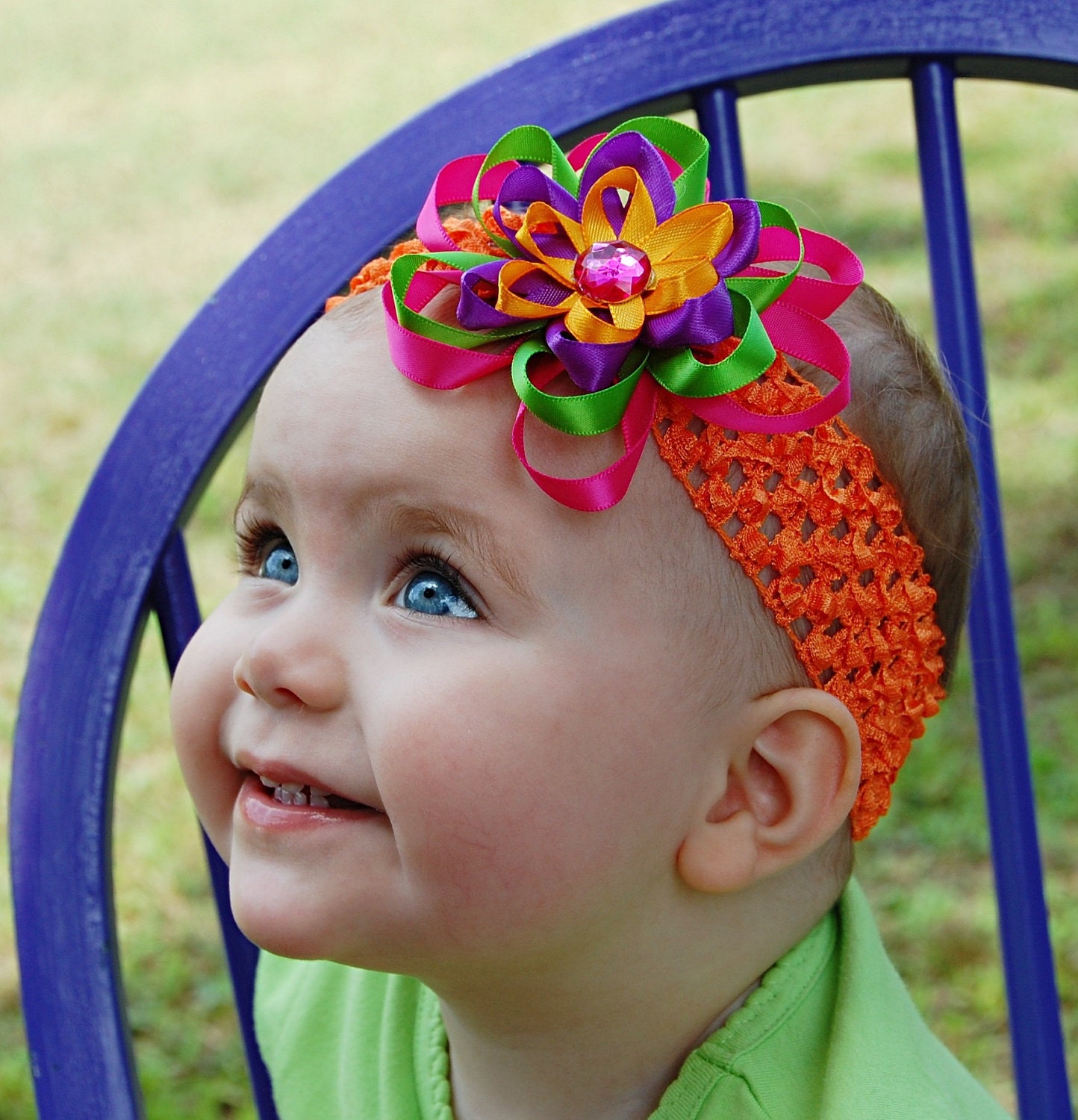 Baby Toddler Girl 4" bright Fun Colors Hot Pink, Lime Green, Purple and Orange Satin Ribbon Flower Hair Clip Bow Crochet Headband