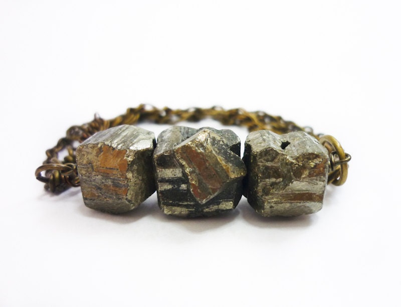 Triple Geometric Raw Pyrite Gold Crystal & Mixed Chains Bracelet