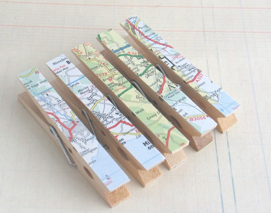 Decorated Clothes Pins/ Clothes Pegs / Clips - VINTAGE ROAD MAP - Set of 5 - Featured in Issue 2 of Mollie Makes