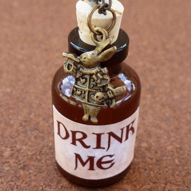 Alice in Wonderland Steampunk pocket flask bottle necklace pendant charm locket  DRINK ME  -- never late for your T E A