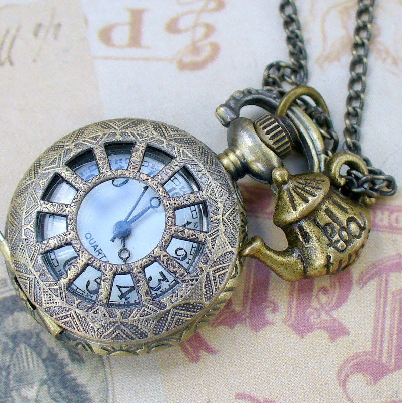 Steampunk TEA TIME  WATCH necklace -- never late for your T E A