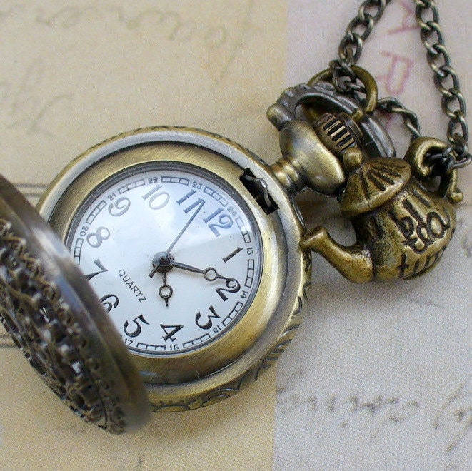 Alice in Wonderland Steampunk pocket WATCH necklace pendant charm locket TEA TIME-- never late for your T E A