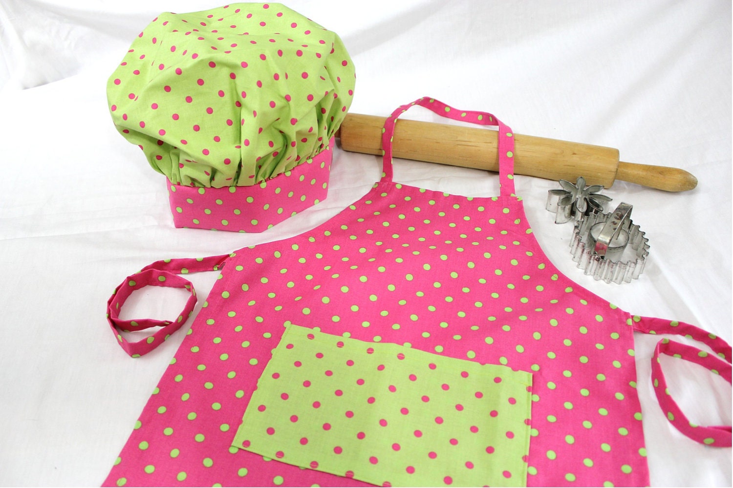 Hot Pink and Lime Green Child Apron and Adjustable Chef Hat