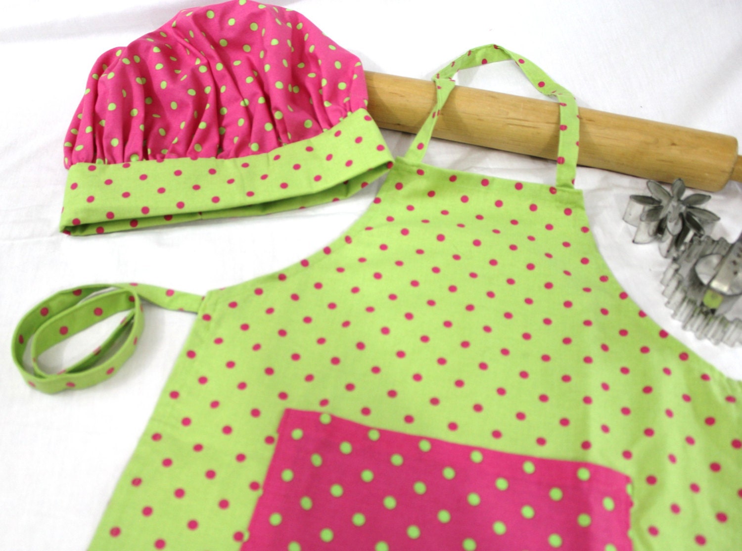 Lime Green and Hot Pink Child Apron and Adjustable Chef Hat