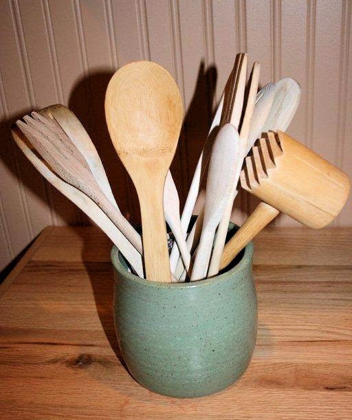 Handmade Green Pottery Utensil Holder for Kitchen, Vase or Container, Pottery Crock