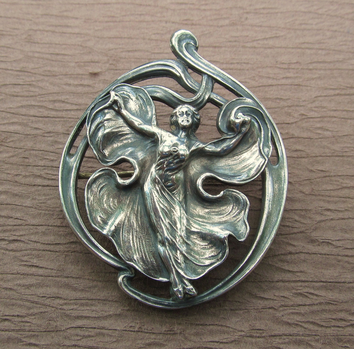 Reserved For June Art Nouveau Sterling Silver Brooch Antique Lady In Flowing Dress
