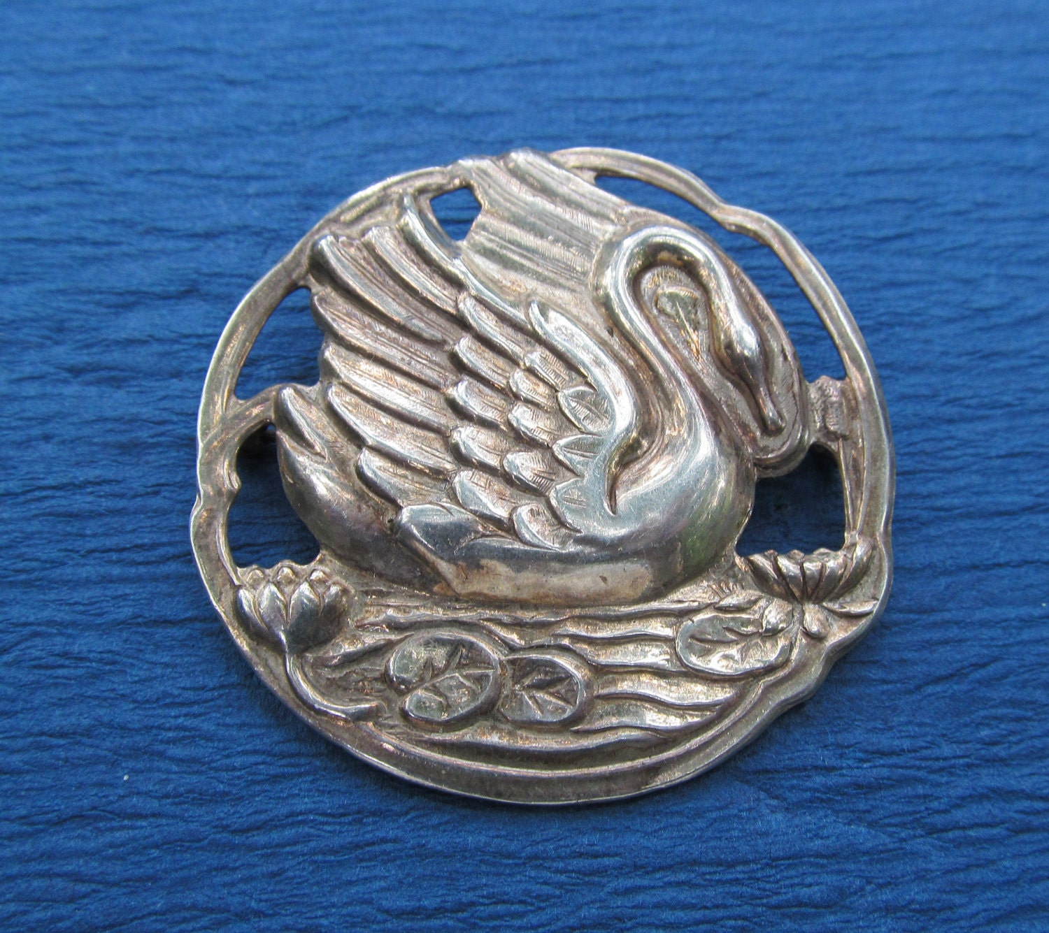 Antique Sterling Silver Swan Brooch Water Lilies