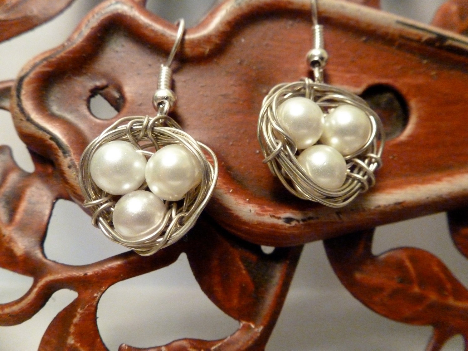 Birds Nest Earrings- White Pearl Eggs