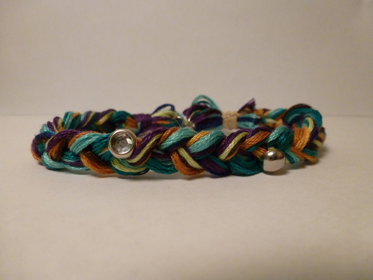 Braided Friendship Bracelet- Silver and Rhinestone Studs