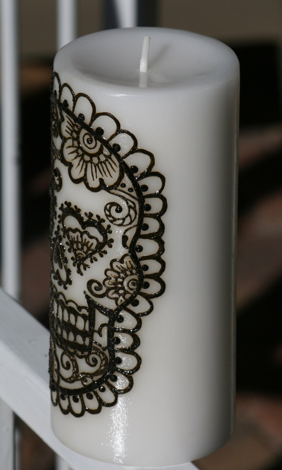 Henna Sugar Skull Pillar Candle, White, Day of the Dead, Dia de los Muertos