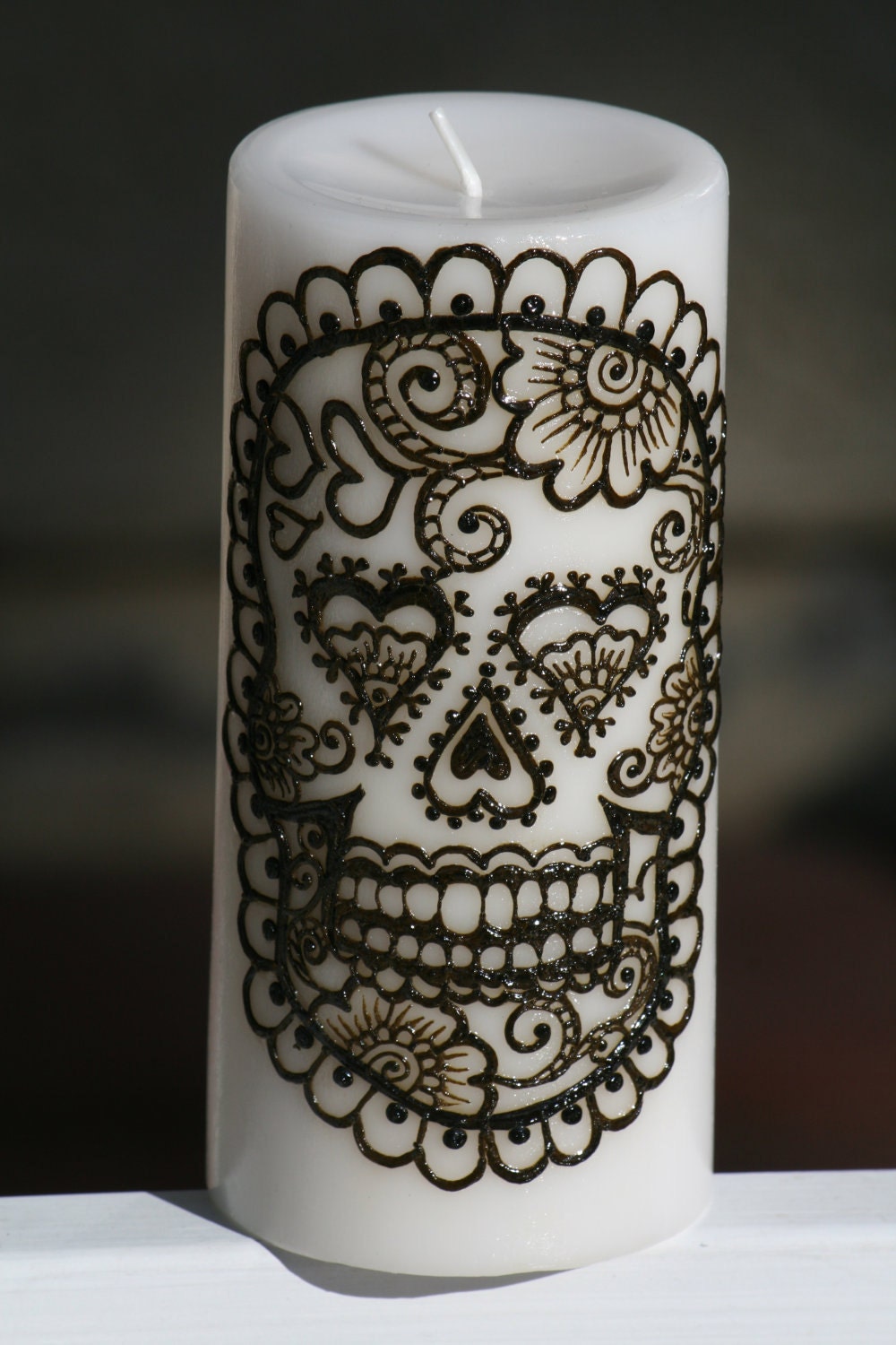 Henna Sugar Skull Pillar Candle, White, Day of the Dead, Dia de los Muertos