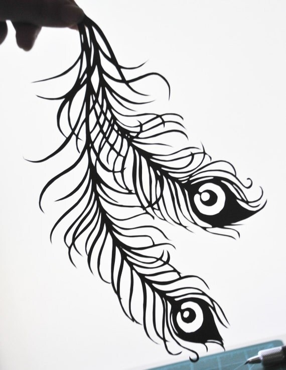 Peacock Feathers hand cut 8x10 silhouette on paper vellum