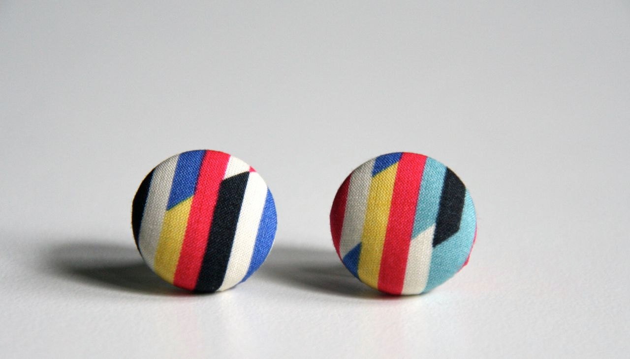 Geometric Bright Ear Studs (Earrings) - Liberty of London Cotton Tana Lawn - Red Yellow Blue Black