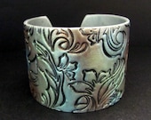 Silver Cuff Bracelet Polymer Clay Jewelry Hand Stamped Jewelry Asian Inspired Flower Bracelet