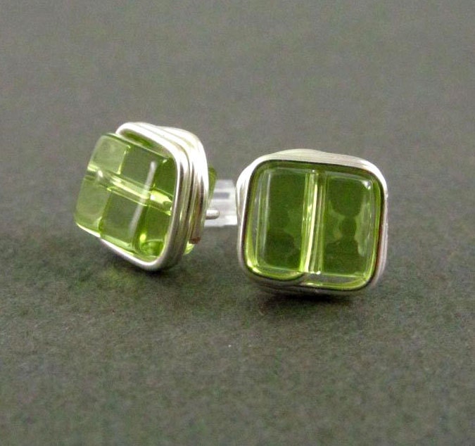 Stud Earrings Nickel Free Peridot Green Post Earrings Wire Wrapped Jewelry