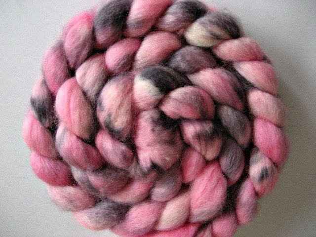 Tour de Fleece Free Shipping, Pink, Grey, 'Pink Pirate,' Hand dyed Polwarth Silk Roving, 4 oz, Spinning Upgrade Available