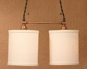 Burlap Lighting with Twin Light Burlap Cylinders and Antique Brass Spreader Bar and Black Twisted Wire