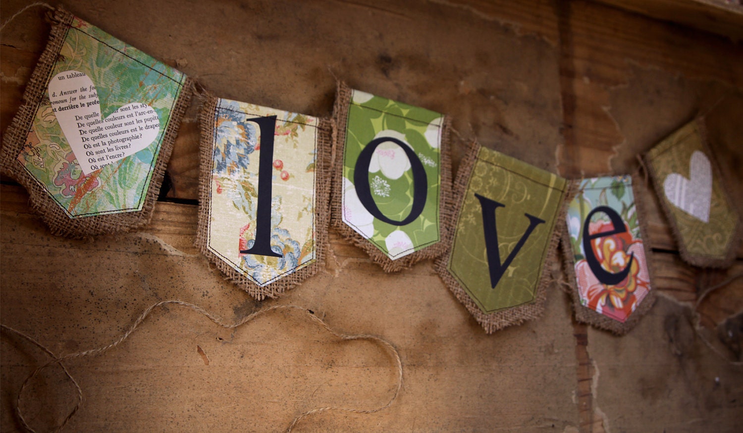 LOVE burlap banner with 2 hearts