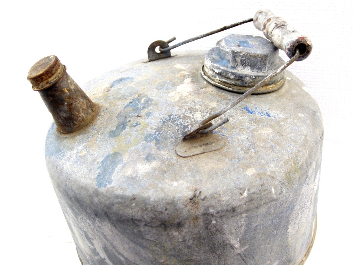 Antique Rustic Vintage Gas Can Patina Blue White Garden Lawn Mower Automotive