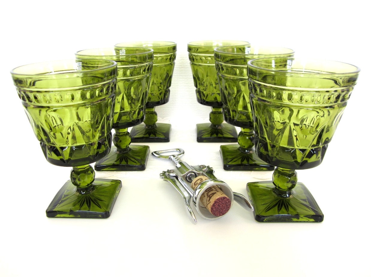Vintage Colony Glass Indiana Glass Park Lane Pattern Drinking Goblet Wine Glasses Green Olive Avocade Set of Six 6 1960s Dishes