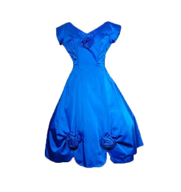 Vintage 1950s 50s Dress -  Royal Peacock Blue Rosette Satin Full Skirted Party Prom Cocktail Holiday Formal Dress Small