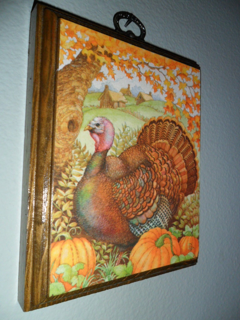 Vintage Wall Hanging Plaque Thanksgiving Turkey Beveled Wood Retro 1970s