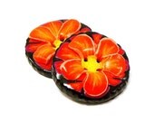 Polymer clay buttons flower red black yellow 3D set of two