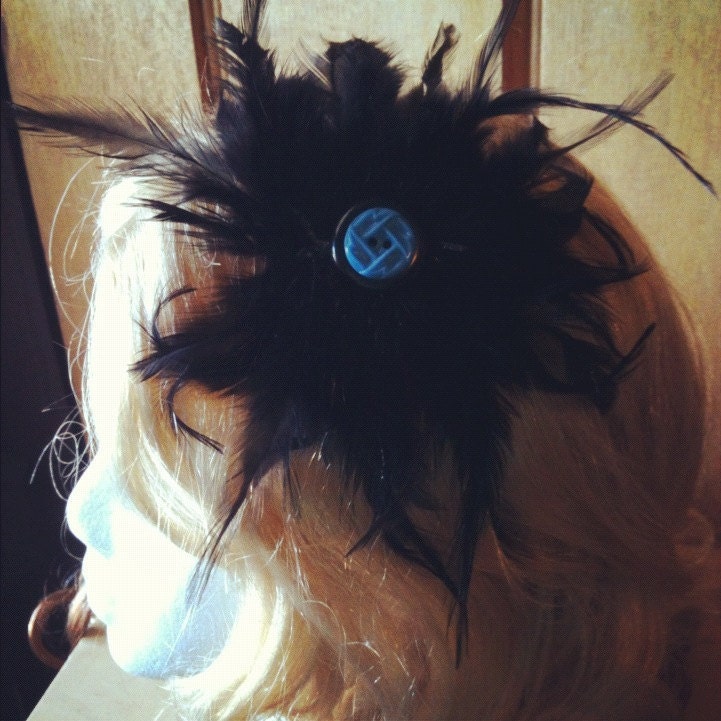 Headband, black, feather, prom, bridesmaid, wedding, homecoming, blue, button, flower girl, button, womens, teenager, girl-Flashy