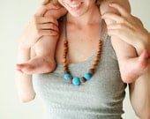 Apple Wood Breastfeeding Necklace / Teething Necklace for mom to wear - turquoise and chocolate brown