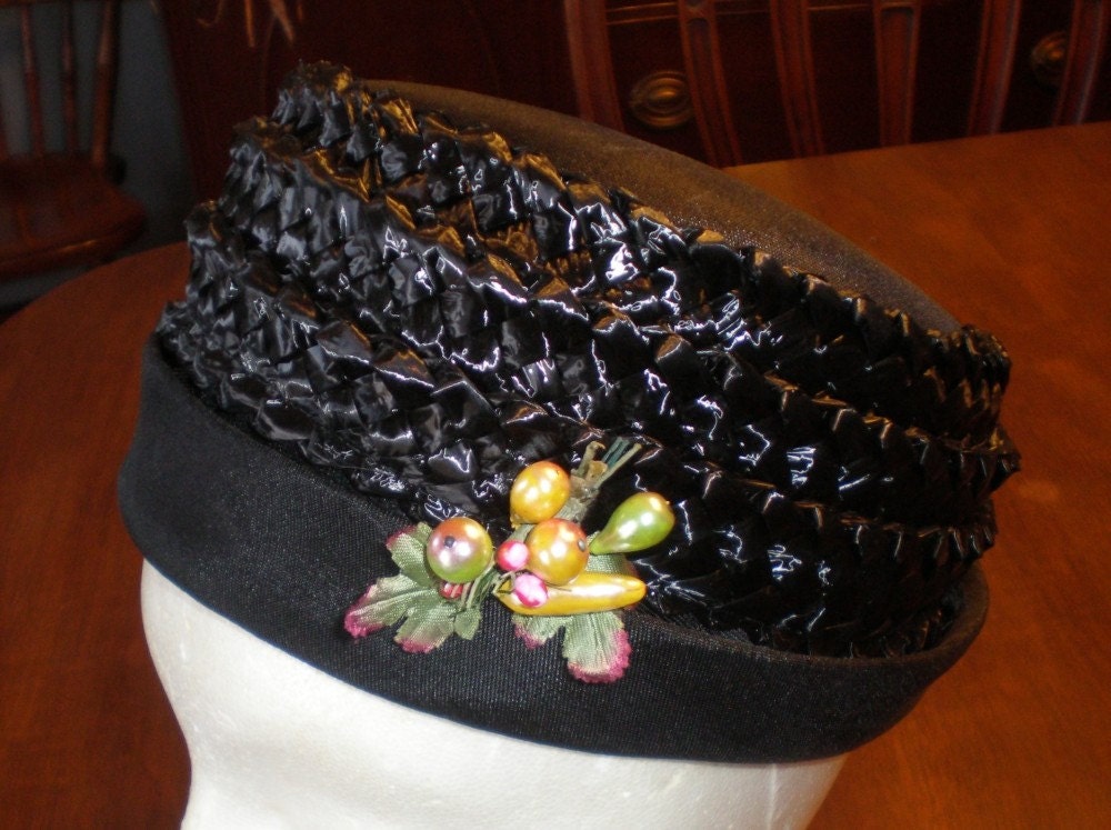 Vintage black straw pillbox hat, pearlized fruit cluster decoration