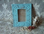 Shabby Cottage Wood Carved frame, Robin egg blue, distressed, aqua