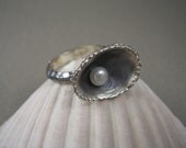 Shell and Freshwater Pearl Ring in Oxidized Silver Mermaid Series