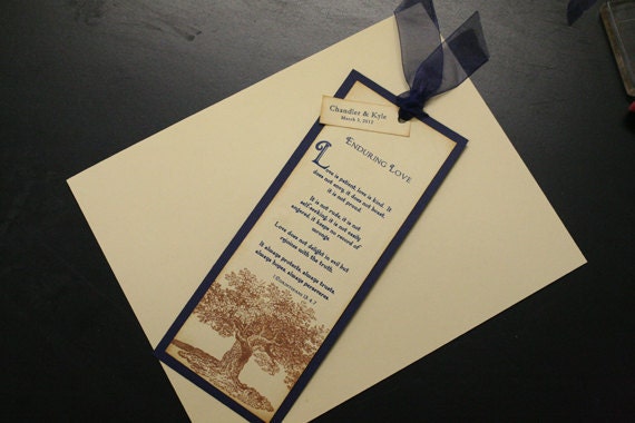 Wedding Favor Tags, Scripture Bookmarkers, Vintage Wedding, Personalized, Large Oak Tree, 1 Corinthians 13: 4-7, Custom Colors