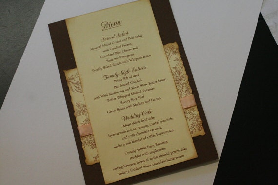 Wedding Menu Card, Flowers and Flourish Pattern, Vintage, French Wedding, Romantic, Marie Antoinette Style, Unique, Custom Order