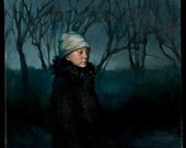 Oil painting child winter trees dusk "The Shortest Day"