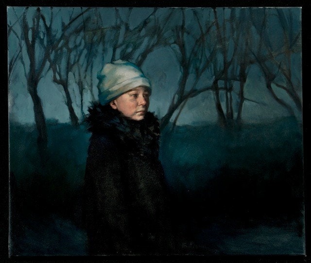 Oil painting child winter trees dusk "The Shortest Day"